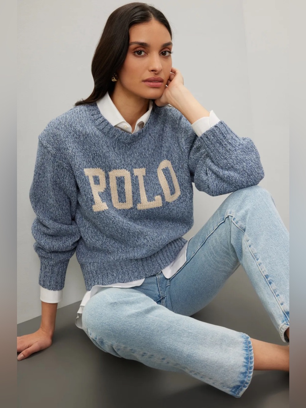 RALPH LAUREN POLO LOGO COTTON CREW NECK SWEATER IN BLUE